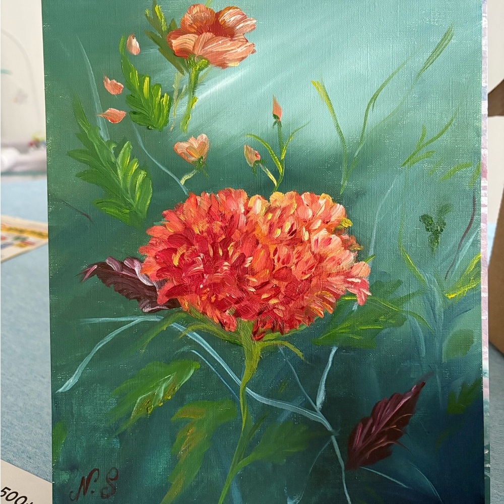 Floral Canvas Art with Red and Green Accents